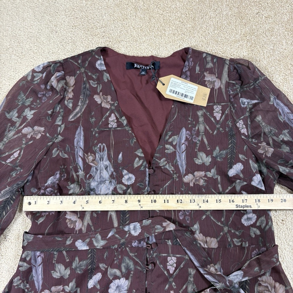 NWT Disturbia Women's Dusha Garden Print Button Up Chiffon Mini Dress Tie 14 - Picture 7 of 9